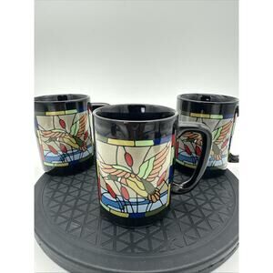 Set Of 3 Otagiri Coffee Tea Black Floral Stained Glass Duck Mug Cup Vtg